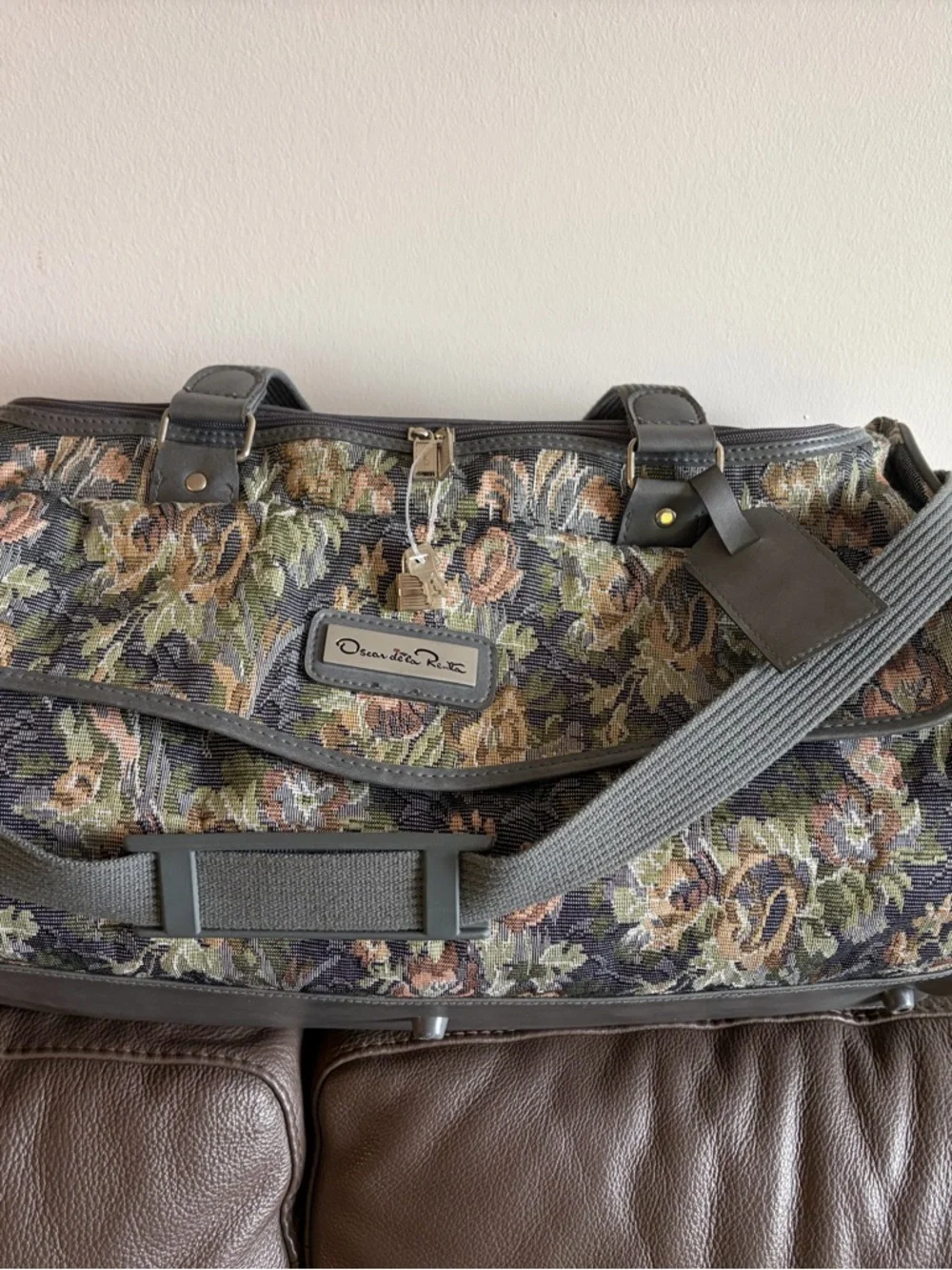 Oscar de la Renta Gray, Olive, Rust & Cream Floral Tapestry Weekender - Picture 7 of 14